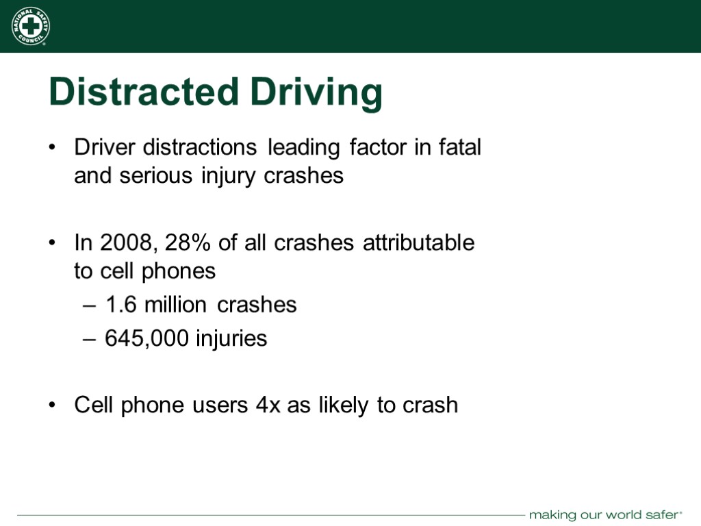 Distracted Driving Driver distractions leading factor in fatal and serious injury crashes In 2008,